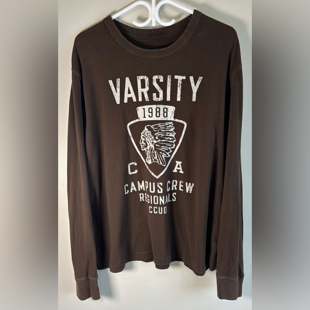 Vintage Campus Crew Mens Brown Long Sleeve Shirt Varsity Indian Chief Logo XL